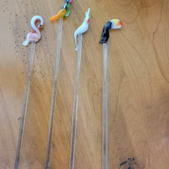 Little Tropical Birds Set of 4 Glass Stir Sticks - Made in Mexico - Picture 1 of 4